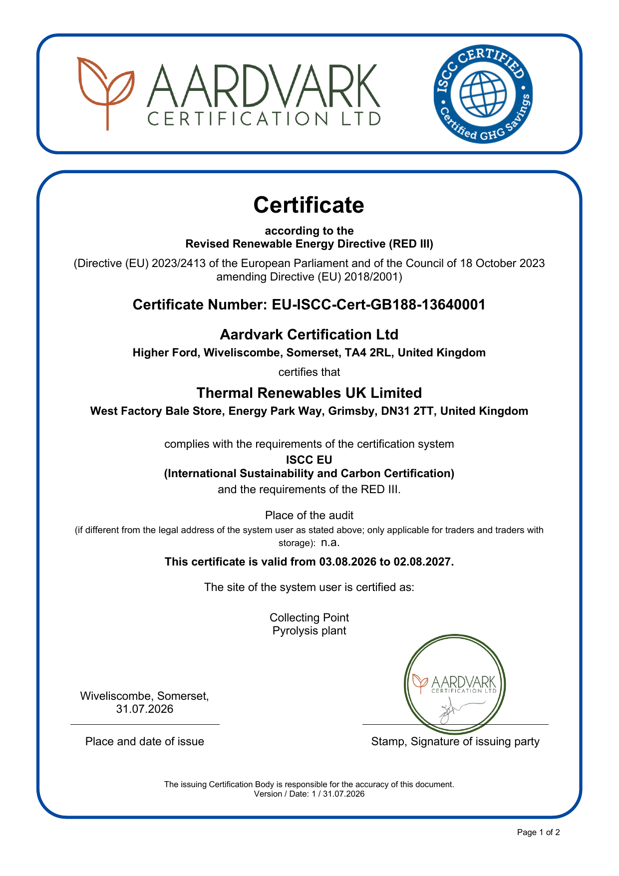 ISCC EU RED III certificate for Thermal Renewables UK Limited, certificate EU-ISCC-Cert-GB188-13640001