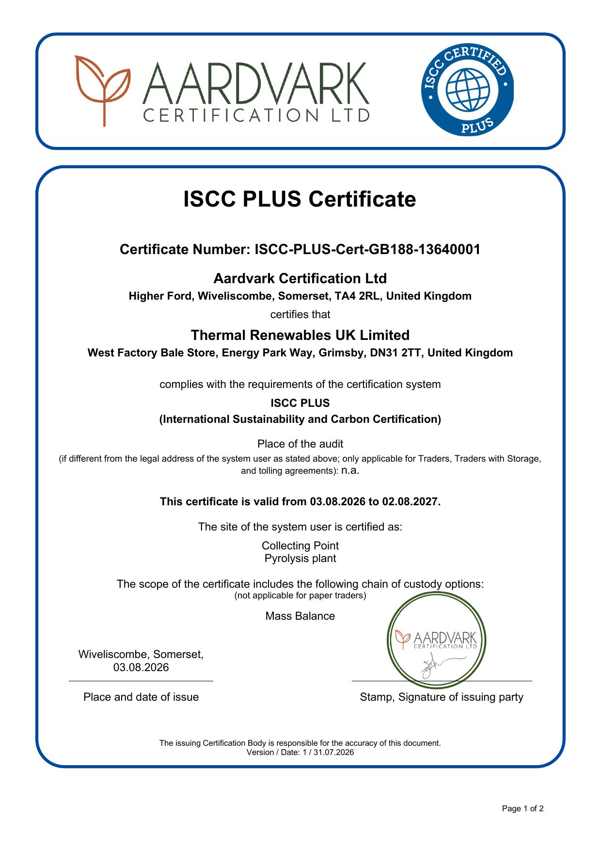 ISCC PLUS certificate for Thermal Renewables UK Limited, certificate ISCC-PLUS-Cert-GB188-13640001